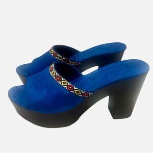 Sandra Faux Suede Platform 4” Heels Women’s Sz 8 Blue Open Toe Embroidered‎ Boho